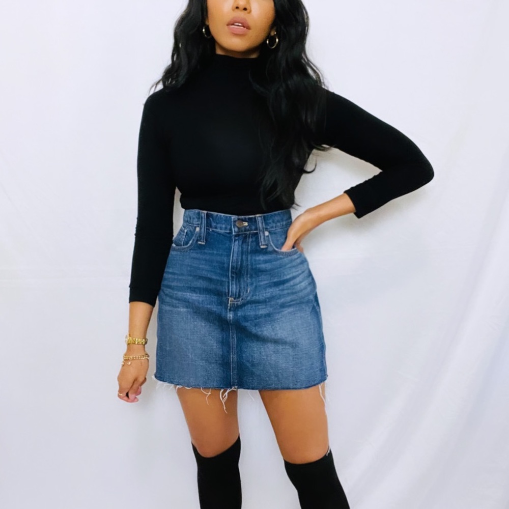 Madewell | Medium Wash High Waist Denim Mini Skirt with Raw Hem